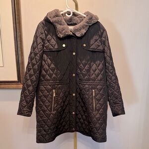 MICHAEL Michael Kors Quilted Black lightweight Puffer Coat Faux Fur gold EUC 1X